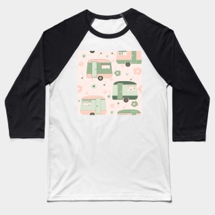 Repeat pattern of cute vintage caravans in pastel pinks and greens Baseball T-Shirt